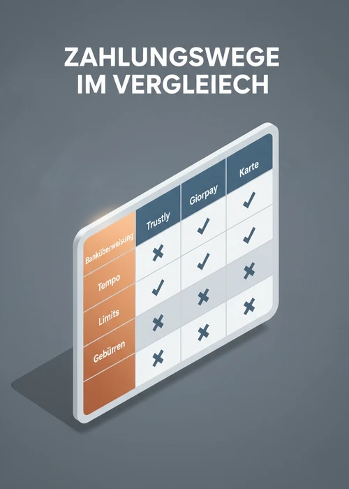 Zahlungswege im Vergleich für das beste Banküberweisung-Casino: Banküberweisung, Trustly, Giropay und Karte nach Tempo, Limits und Gebühren.