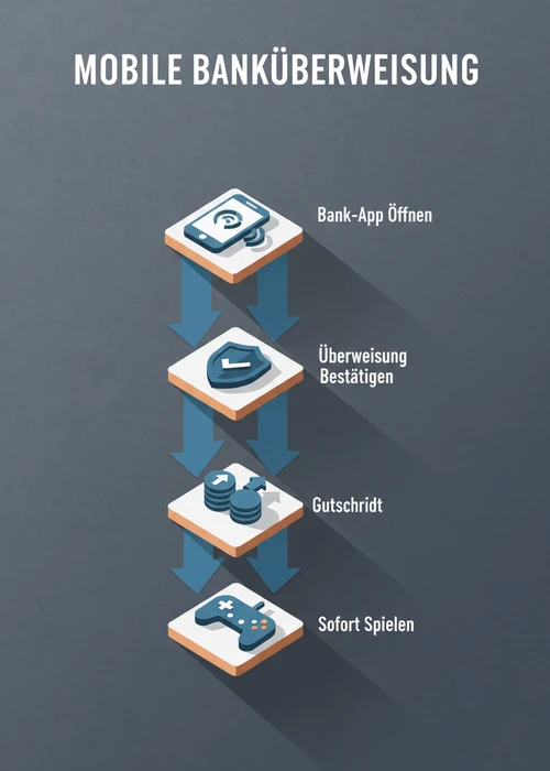 Mobile Banküberweisung im Casino: Bank-App öffnen, Überweisung bestätigen, Gutschrift und sofort spielen.